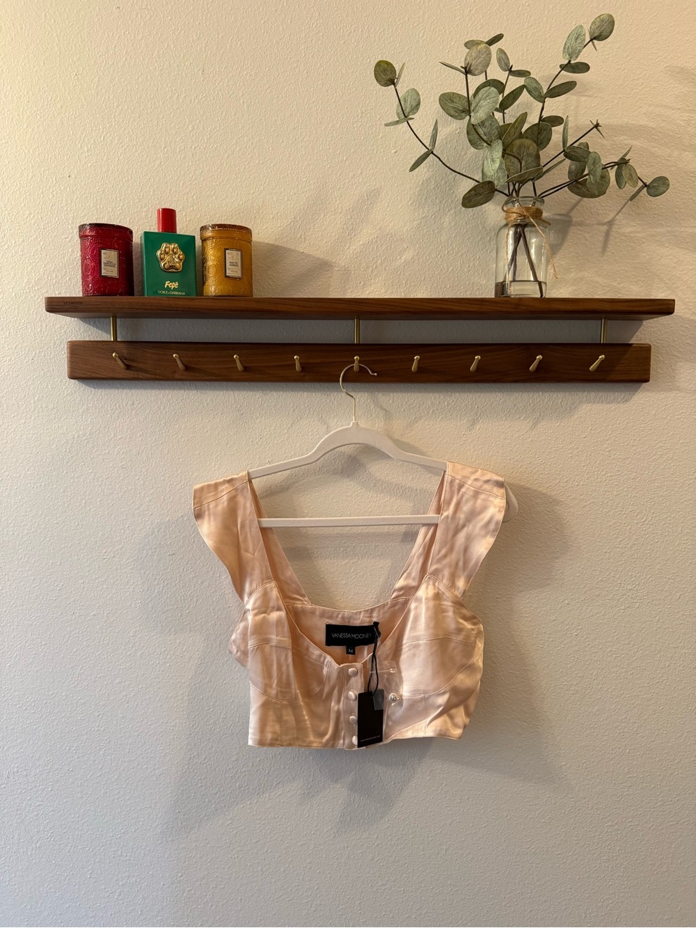 Vanessa Mooney Blush Satin Button-Front Crop Top